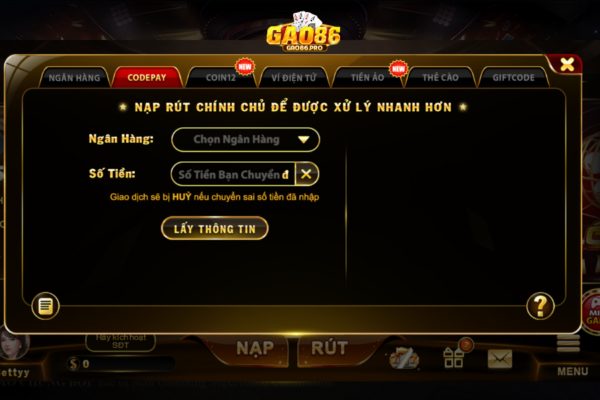 GAO86 GAME BÀI – CHƠI ĐÃ TAY – TIỀN ĐẦY TÚI 20 Nạp tiền vào ví